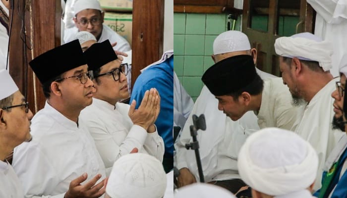 Anies, Cak Imin, dan Gibran bertemu di Haul Solo di Masjid Riyadh, Pasar Kliwon, Kota Solo, Sabtu (4/11/2023).