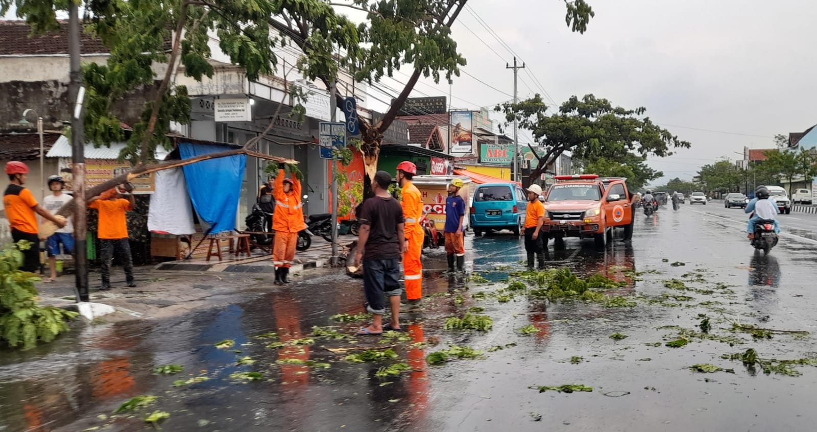 Anggota BPBD Karanganyar dan relawan mengevakuasi pohon tumbang di Jalan Raya Solo-Tawangmangu, Kamis (9/11/2023)