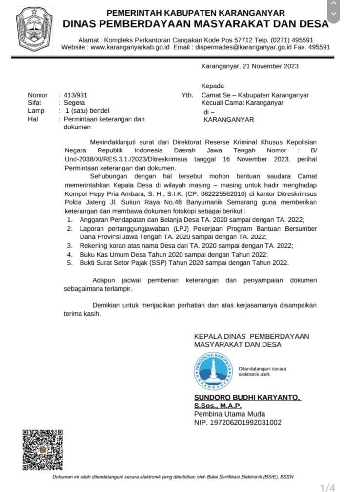 Surat edaran dari Dispermades Karanganyar ditujukan untuk sejumlah Kepala Desa di Karanganyar untuk menghadiri kantor Ditreskrimsus Polda Jateng.