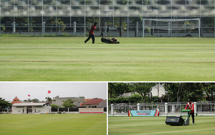 MAHAL: Proses perawatan rumput di Lapangan Kota Barat, Lapangan Banyuanyar, dan Lapangan Sriwaru (searah jarum jam). Biaya sewa tiga lapangan latihan berstandar FIFA ini mahal.