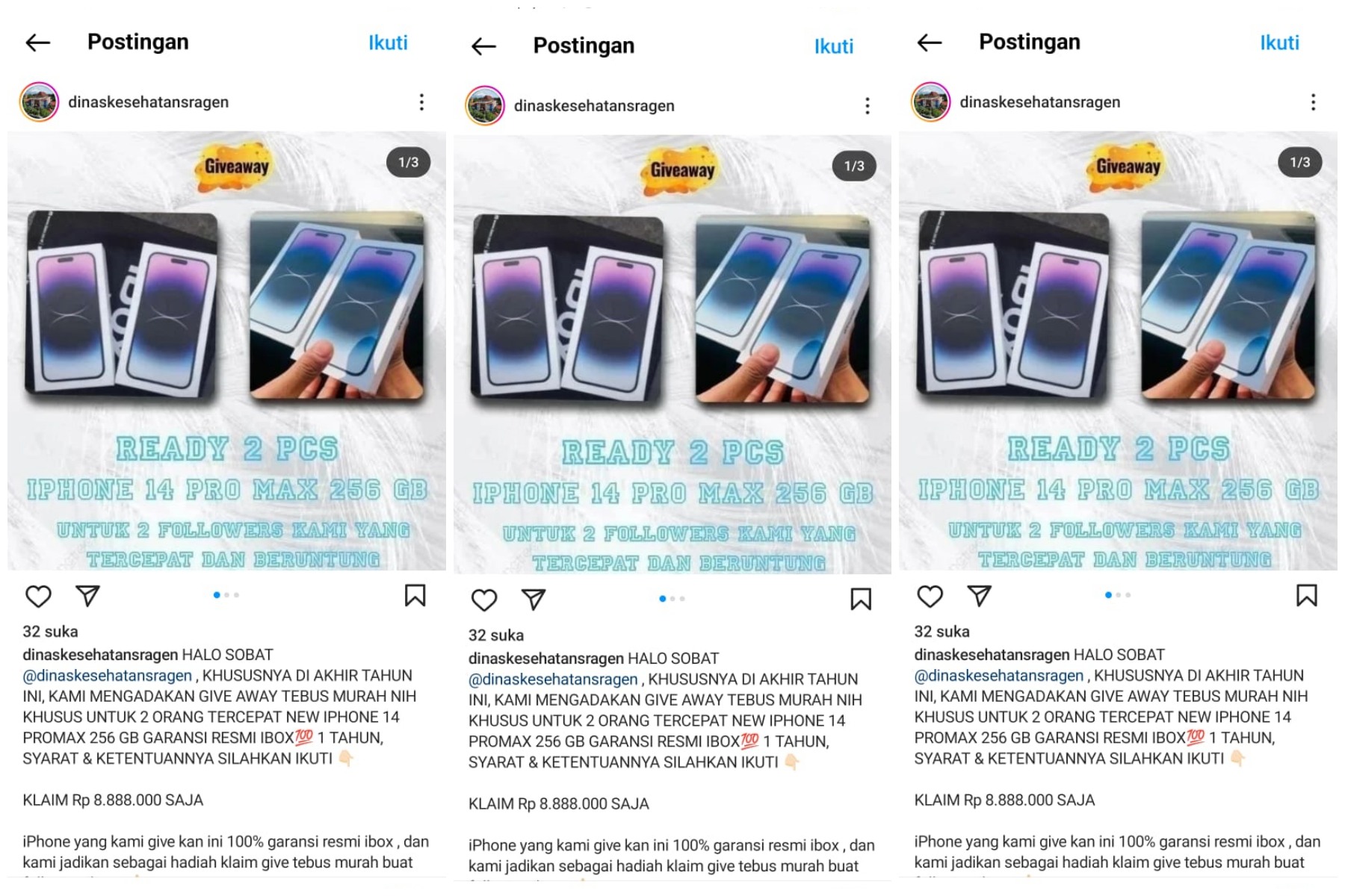 Akun Instagram milik Dinas Kesehatan (Dinkes) Sragen diretas. dengan meng-upload postingan IPhone harga murah