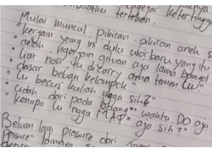Tulisan diduga surat wasiat mahasiswi Universitas Brawijaya Malang yang bunuh diri loncat dari lantai 12 kampus.