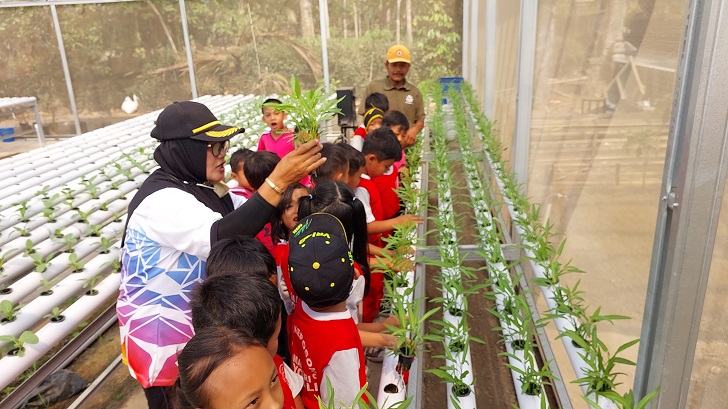 Para murid SD didampingi guru belajar soal hidroponik di wisata edukasi yang dikelola komunitas difabel Pandawa Patra. RAGIL LISTIYO/RADAR SOLO