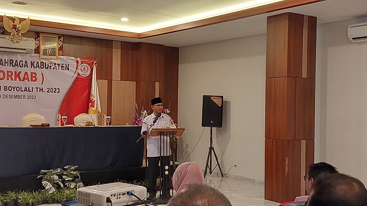 Bupati Boyolai M. Said Hidayat membuka Musorkab pemilihan ketua KONI Boyolali, Rabu (20/12/2023). (RAGIL LISTIYO/RADAR SOLO)