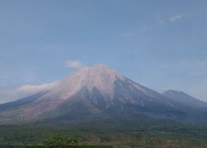 Ilustrasi pemandangan Gunung Semeru dari Pos Pengamatan Gunung Api Semeru di Gunung Sawur.
