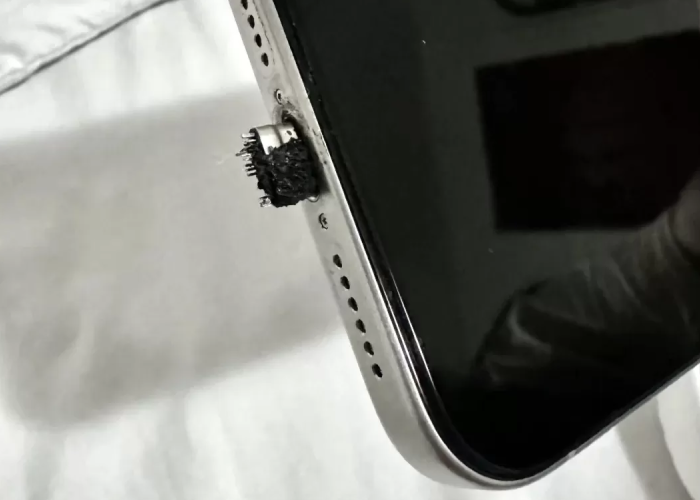 iPhone 15 Pro Max rusak karena penggunaan kabel data murahan.