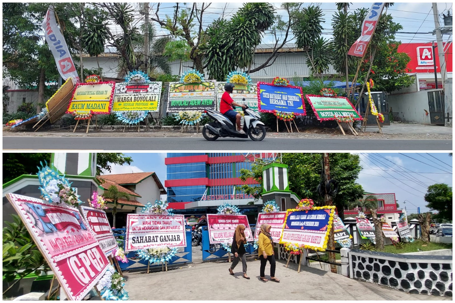(Foto Atas) Karangan bunga support untuk TNI di Markas Kompi B Yonif Raider 408 Suhbrastha. (Foto Bawah) Karangan bunga support bagi korban penganiayaan oleh oknum TNI di RS Pandan Arang, Selasa (2/1)