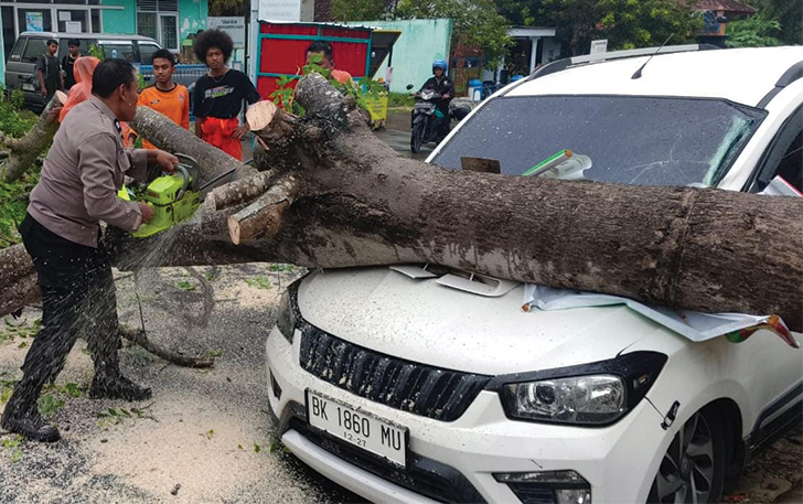 Polisi mengevakuasi pohon tumbang yang menimpa mobil di kawasan Jumantono tepatnya di depan Mako Koramil Jumantono, Rabu (3/1).