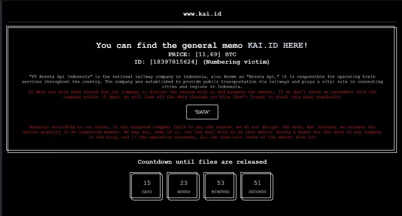 Ilustrasi: Data-data PT KAI yang bocor dipajang di dark web.