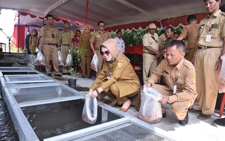 TEBAR BENIH: Bupati Sukoharjo Etik Suryani serahkan hibah paket budi daya ikan dalam keramba di Dusun Senden RT 01 RW 04, Desa Geneng, Kecamatan Gatak, kemarin (16/1).