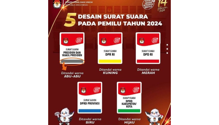 Lima warna surat suara dalam Pemilu 2024.