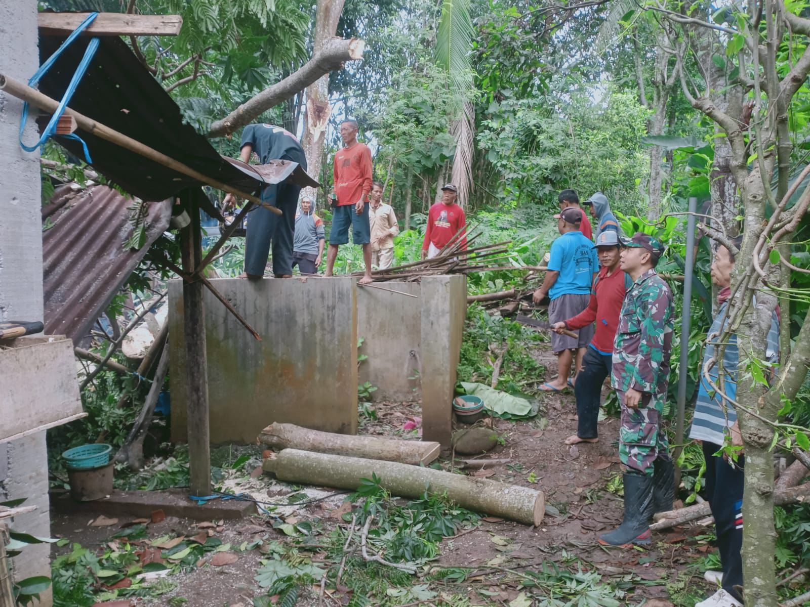 Penanganan pohon tumbang di Desa Krandegan, Kecamatan Bulukerto, Kabupaten Wonogiri dilakukan secara gotong royong bersama unsur TNI..