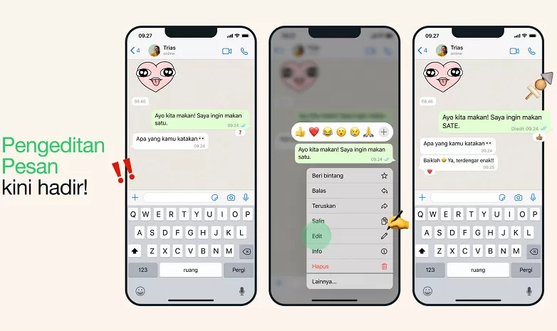 Fitur edit pesan terkirim di WhatsApp akhirnya resmi hadir.