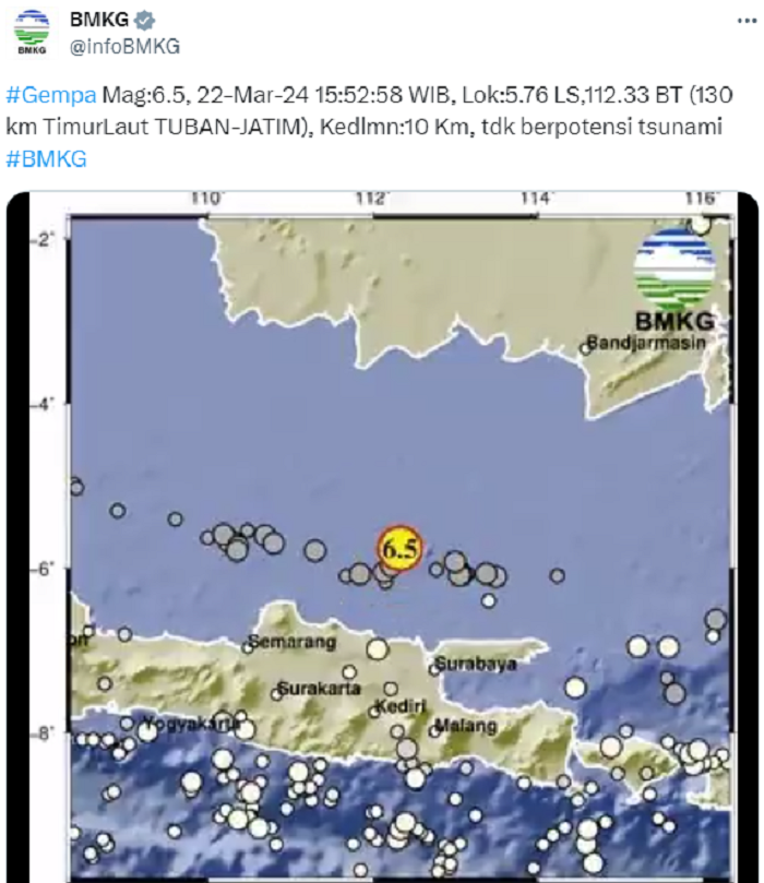 Informasi BMKG terkait gempa kali ketiga di Tuban, Jatim.