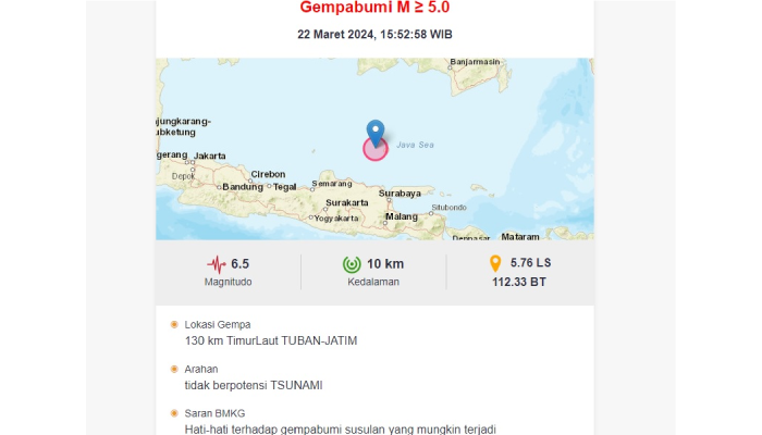Peta guncangan gempa bumi Tuban, Jawa Timur.