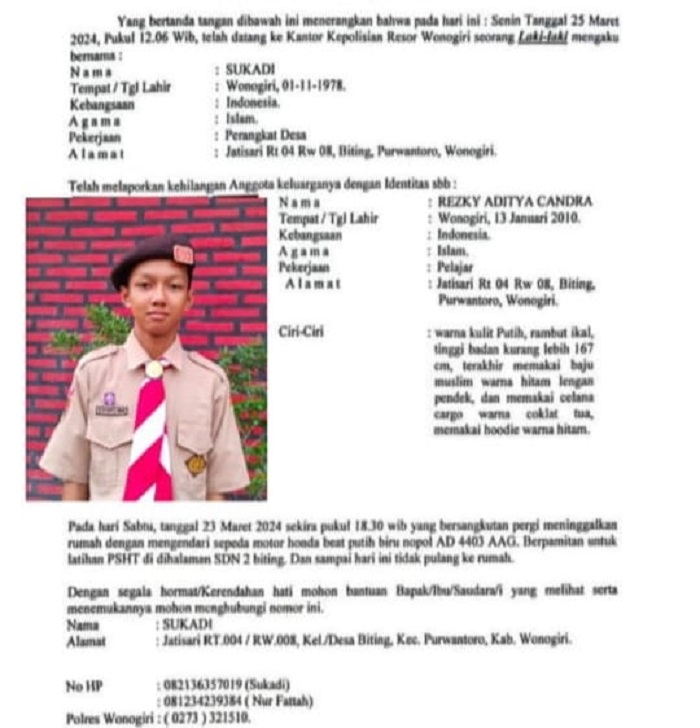 Biodata Rezky Aditya Candra alias Adit, warga Purwantoro, Wonogiri yang dilaporkan hilang.