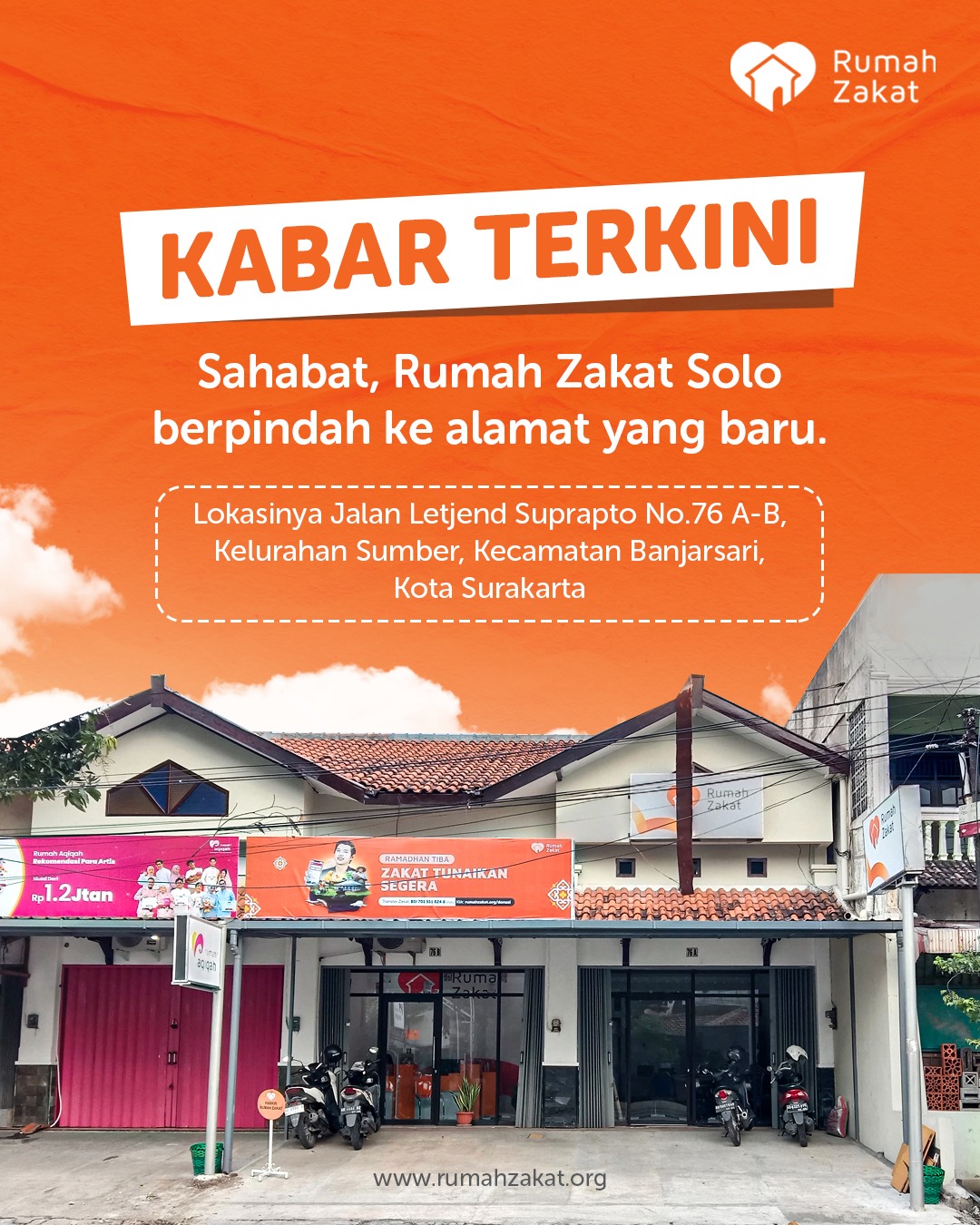 Lokasi baru kantor layanan Rumah Zakat Solo di Jalan Letjen Suprapto, Kelurahan Sumber, Kecamatan Banjarsari, Kota Solo.