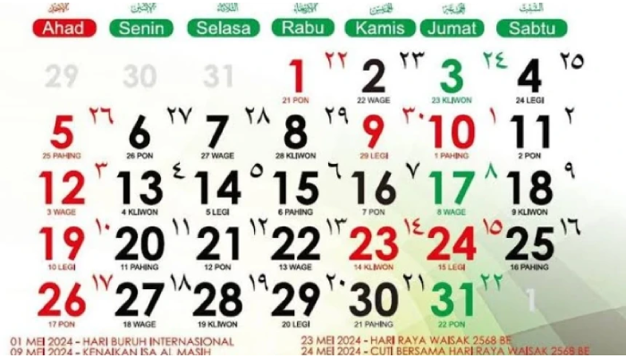 Kalender tanggal merah bulan Mei 2024.