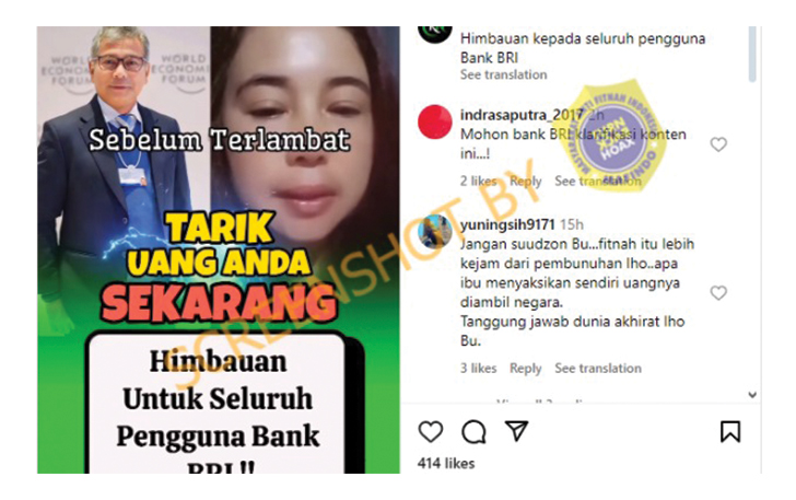 Tampilan video hoax dari akun Instagram Rama News pada 23 April 2024. Aku ini mengunggah sebuah video yang menyatakan Uang hilang di BRI adalah efek dari Pemilu untuk serangan bansos.