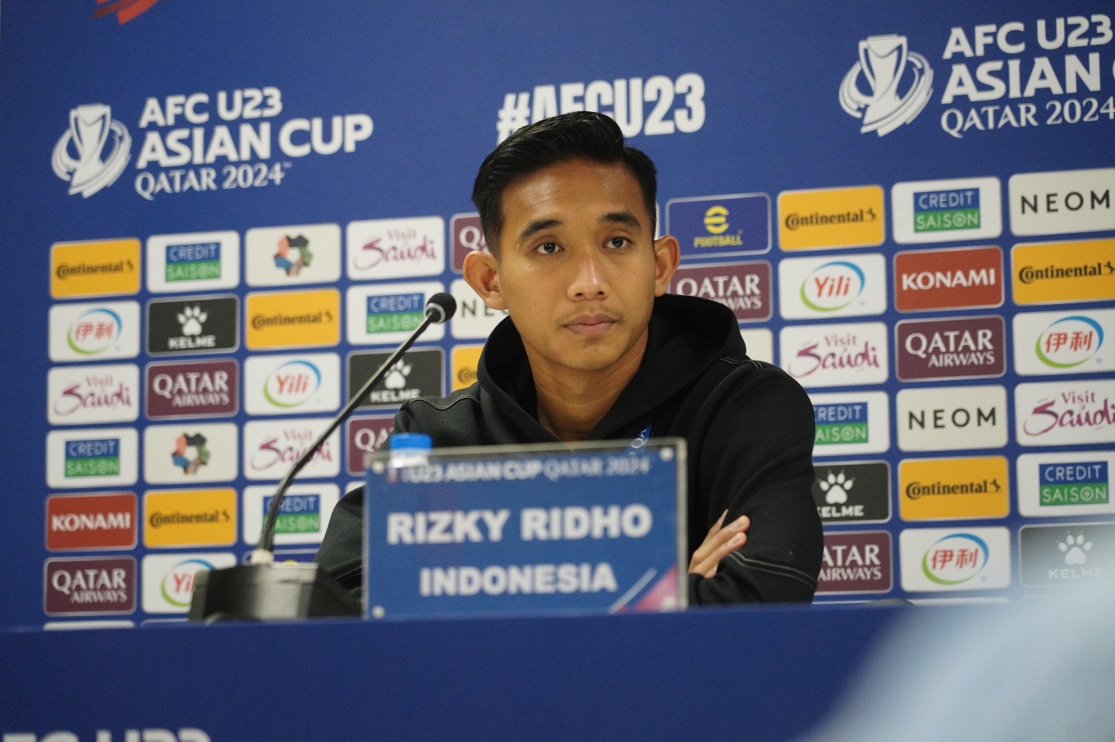 Kapten timnas Indonesia U-23 Rizky Ridho dalam konferensi pers sebelum pertandingan perempat final Piala Asia U-23 2024 melawan Korea Selatan di Stadion Abdullah bin Khalifa, Doha, Rabu (24/4/2024)