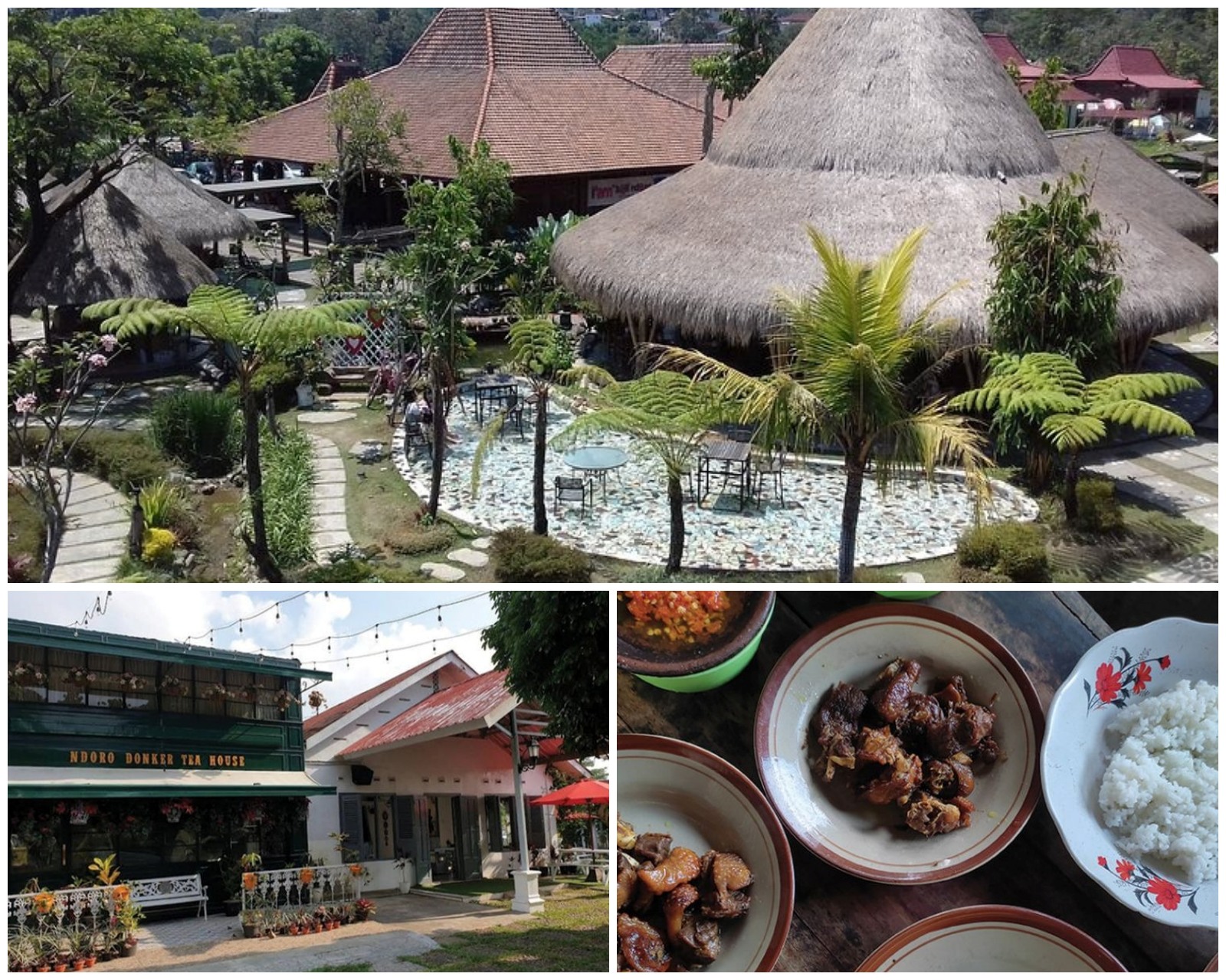 Tiga lokasi kuliner favorit di Kemuning, Karanganyar. Yang pertama (searah jarum jam) Bali Ndeso, kemudian Rumah Makan Mbak Ning, dan terakhir Ndoro Donker.