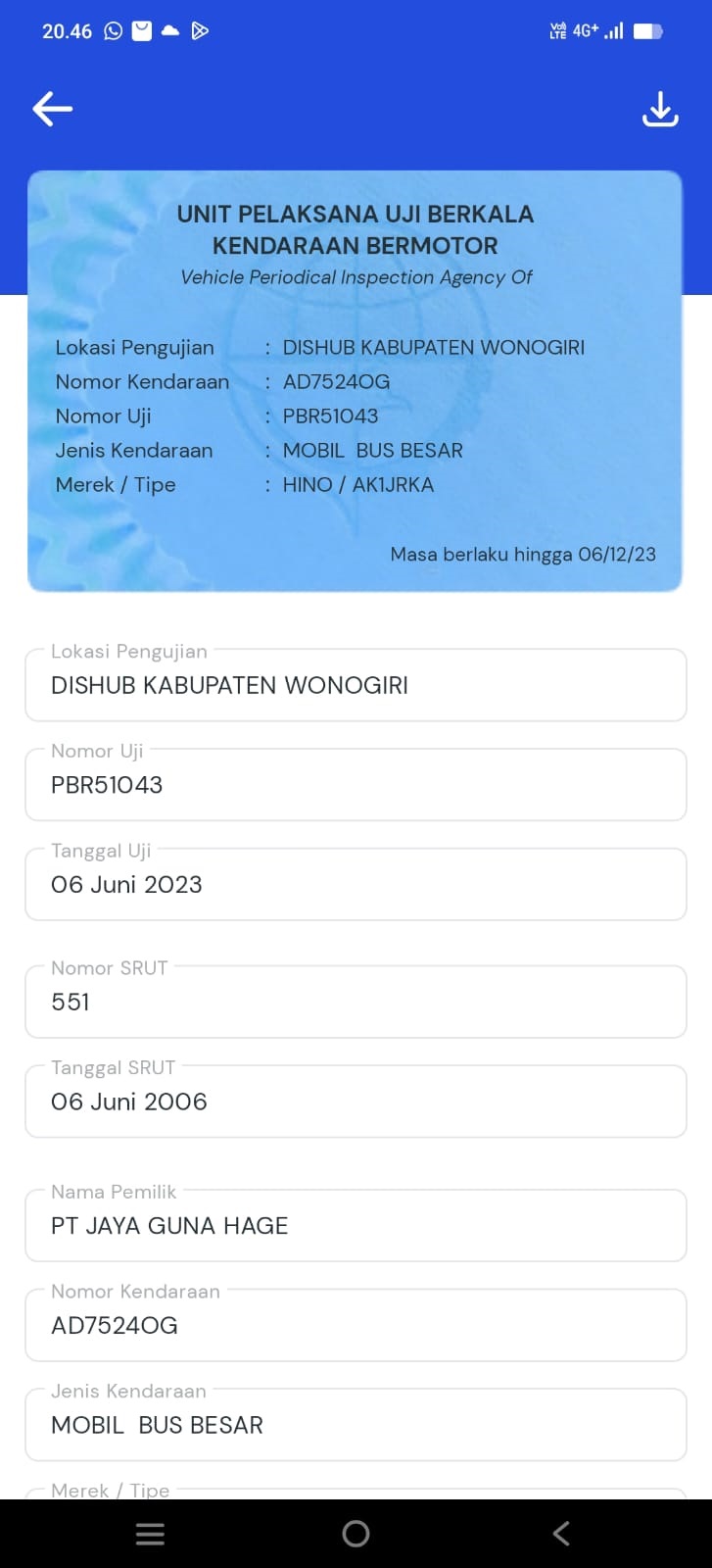Data uji berkala bus Trans Putera Fajar yang diterbitkan Dishub Wonogiri. Tertera masa uji KIR hanya berlaku sampai 6 Desember 2023