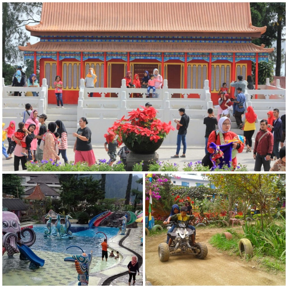 Kolase foto New Taman Balekambang Tawangmangu. (Searah jarum jam) Landmark Nuansa Kuil di China, bermain ATV, Waterboom di New Taman Balekambang.