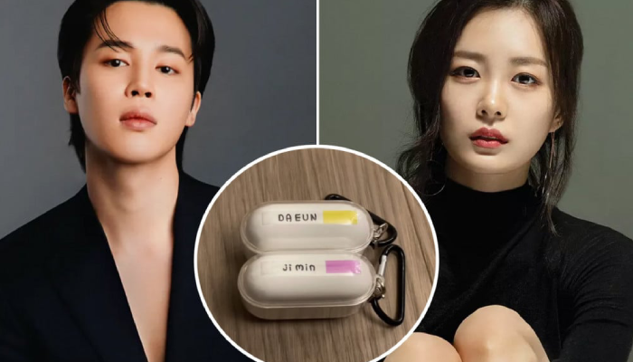 Jimin BTS dan Song Da Eun. Song Da Eun munculkan kembali rumor kencan dengan Jimin setelah mengunggah sejumlah foto dan video, salah satunya dua case airpods dengan nama mereka (foto tengah).