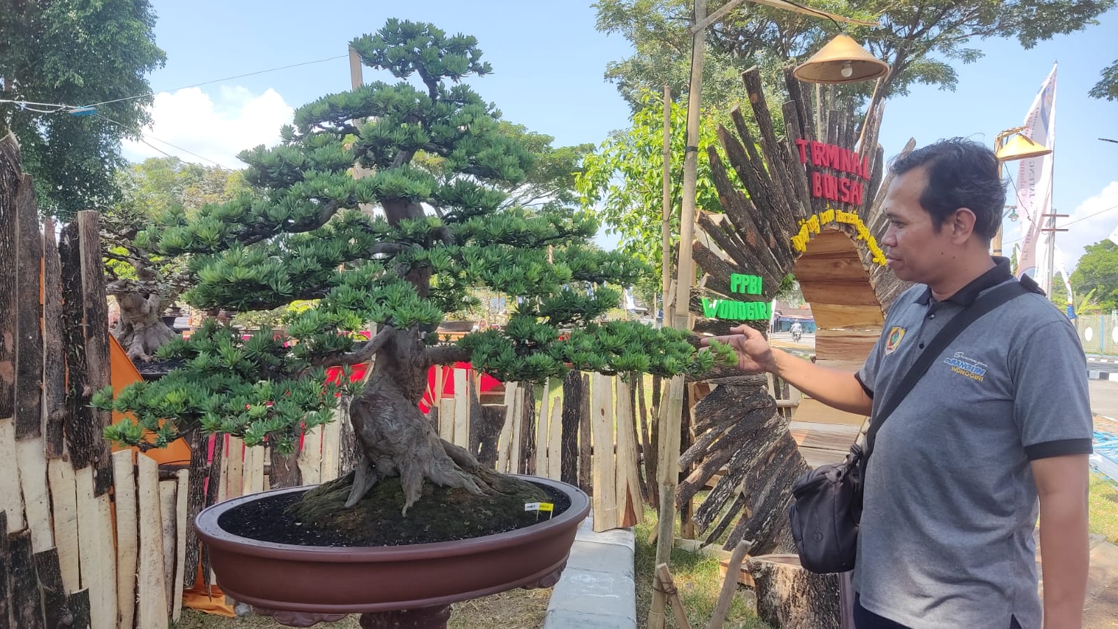 Warga mengamati bonsai yang dipamerkan di kompleks Terminal Giri Adipura Wonogiri.