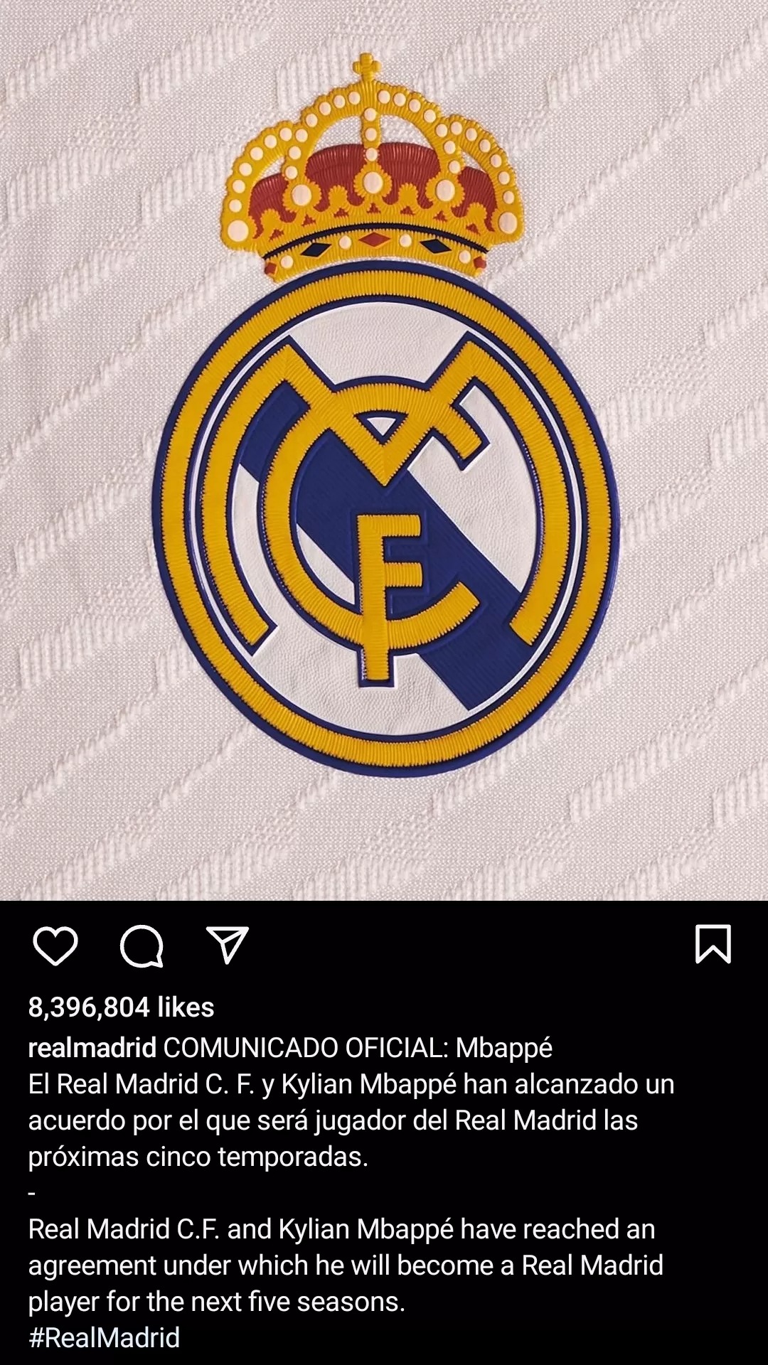 Pernyataan di akun Instagram Real Madrid bahwa mereka telah resmi mengontrak Kylian Mbappe.