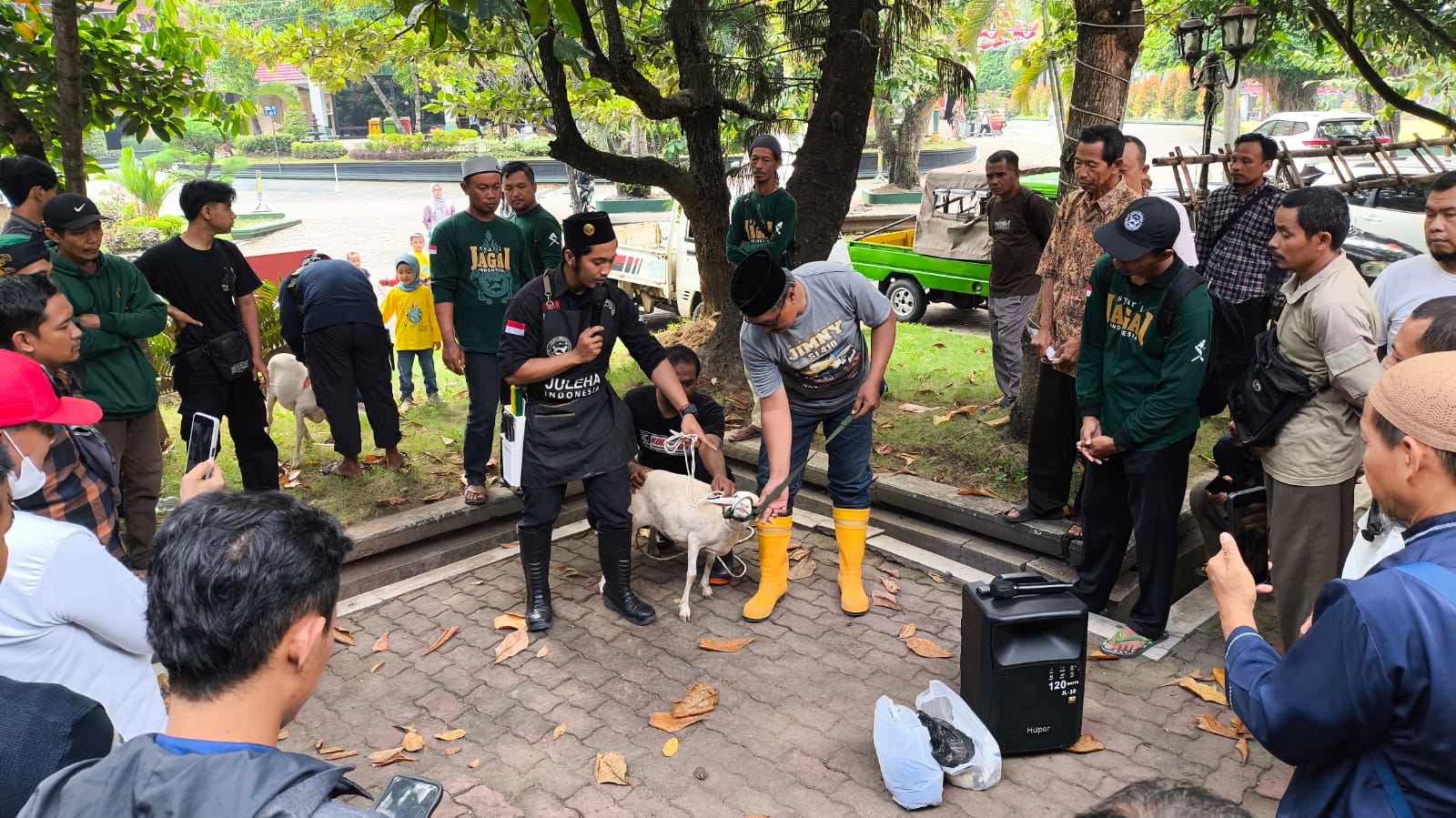 Pelatihan penyembelihan hewan kurban di Masjid Nur Azizah Kantor Pemkab Klaten, Minggu (9/6). (Angga Purenda/Radar Solo)