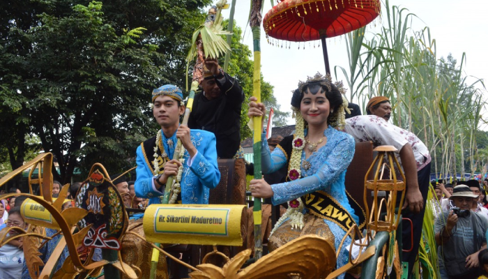 Pasangan tebu manten yang diarak dalam ritual Grebeg Giling di Pabrik Gula Tasikmadu, Karanganyar.