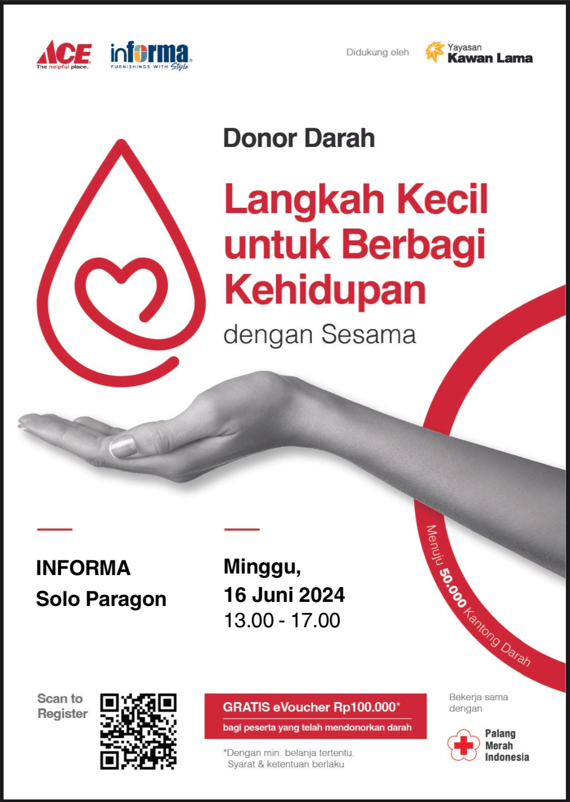 Informa Solo Paragon bekerja sama dengan PMI kembali akan menyelenggarakan aksi donor darah pada tanggal 16 Juni 2024.