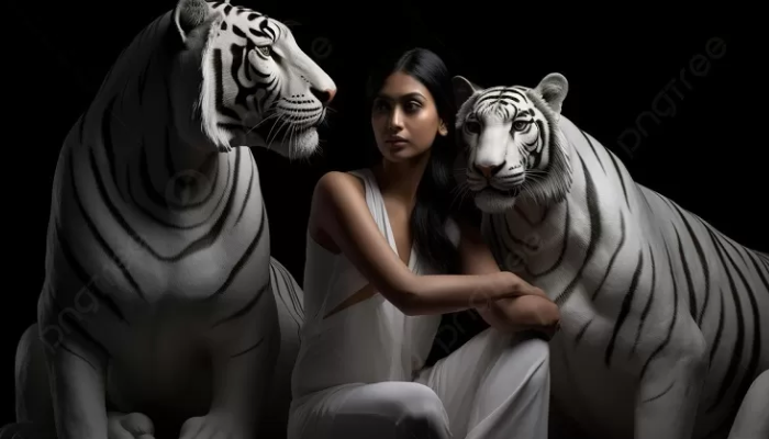 Ilustrasi perempuan dengan macan putih.