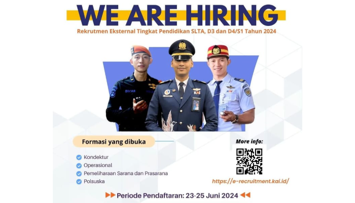 PT KAI membuka lowongan kerja mulai 23-25 Juni 2024.