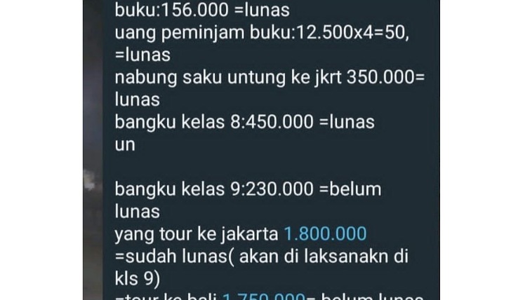 Tangkapan layar grup WA orang tua murid SMPN 2 Boyolali tentang pungatan sewa bangku dan buku.