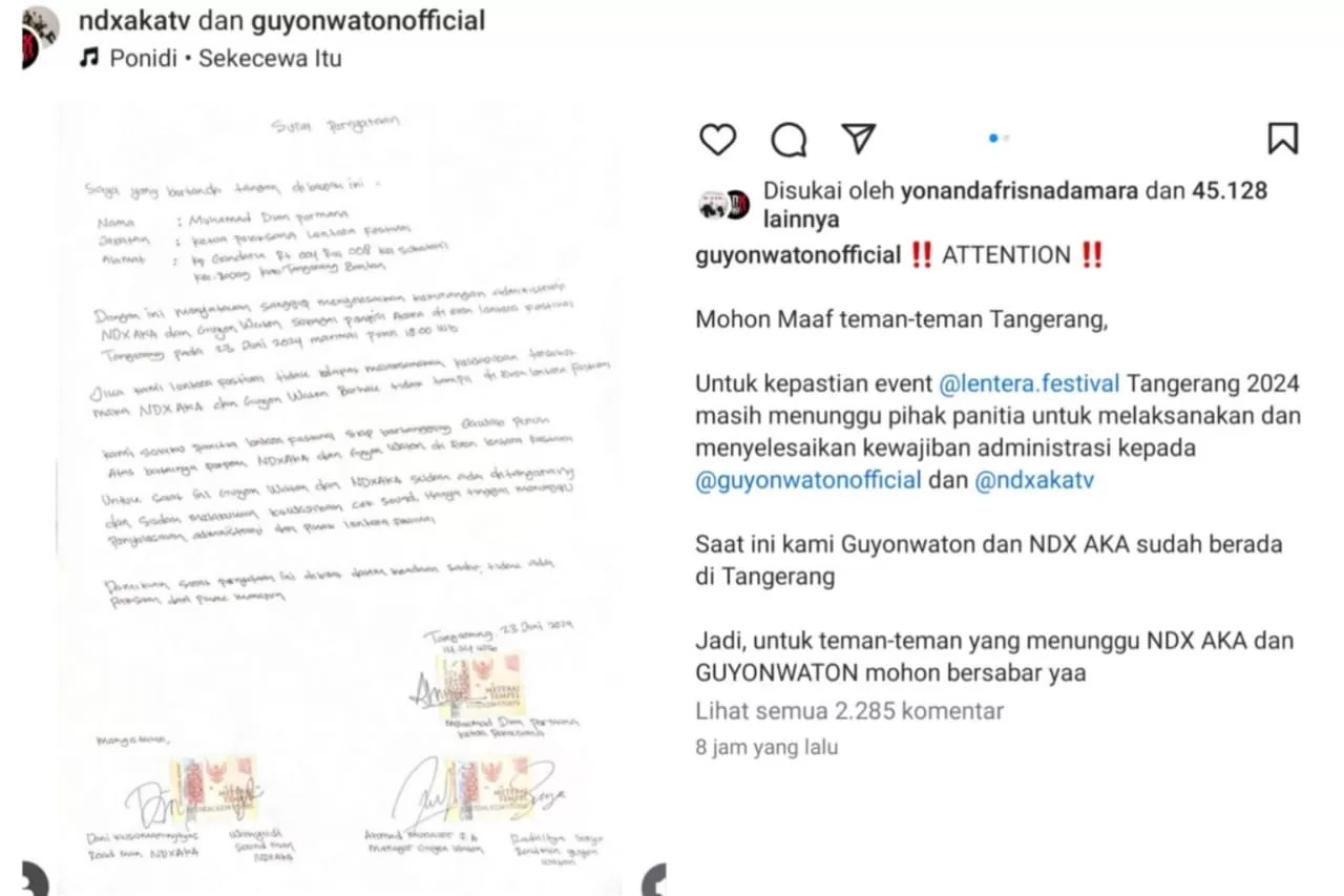 Unggahan Guyon Waton dan NDX AKA, menyampaikan permohonan maaf kepada penggemar lantaran batal tampil di event Lentera Festival, dikarenakan pihak panitia belum menyelesaikan kewajiban.