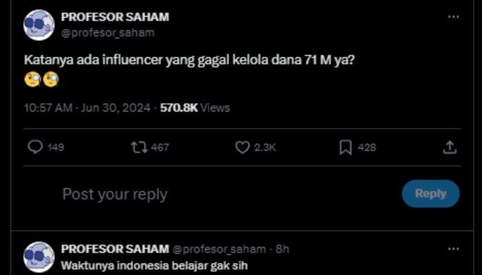 Influencer saham dirumorkan gagal kelola dana Rp71 miliar milik para member.