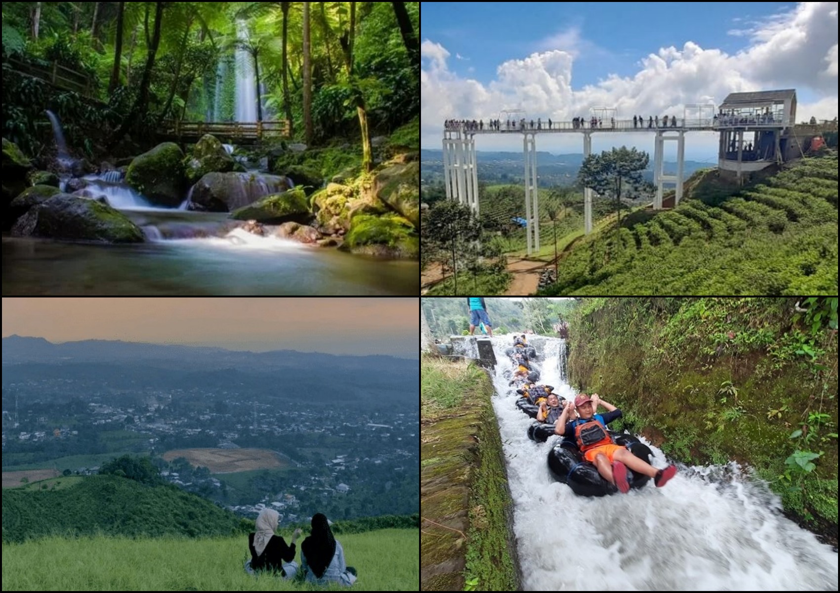 Kolase foto wisata di Desa Kemuning. (searah jarum jam) Air Terjun Jumog, Jembatan Kaca Kemuning Sky Hills, Kali Pucung River, Bukit Teletubies.