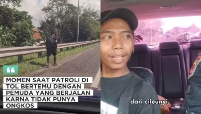 Potongan video viral pemuda kuli bangunan yang berjalan kaki di pinggir Tol Purbaleunyi, yang kemudian dibantu polisi.