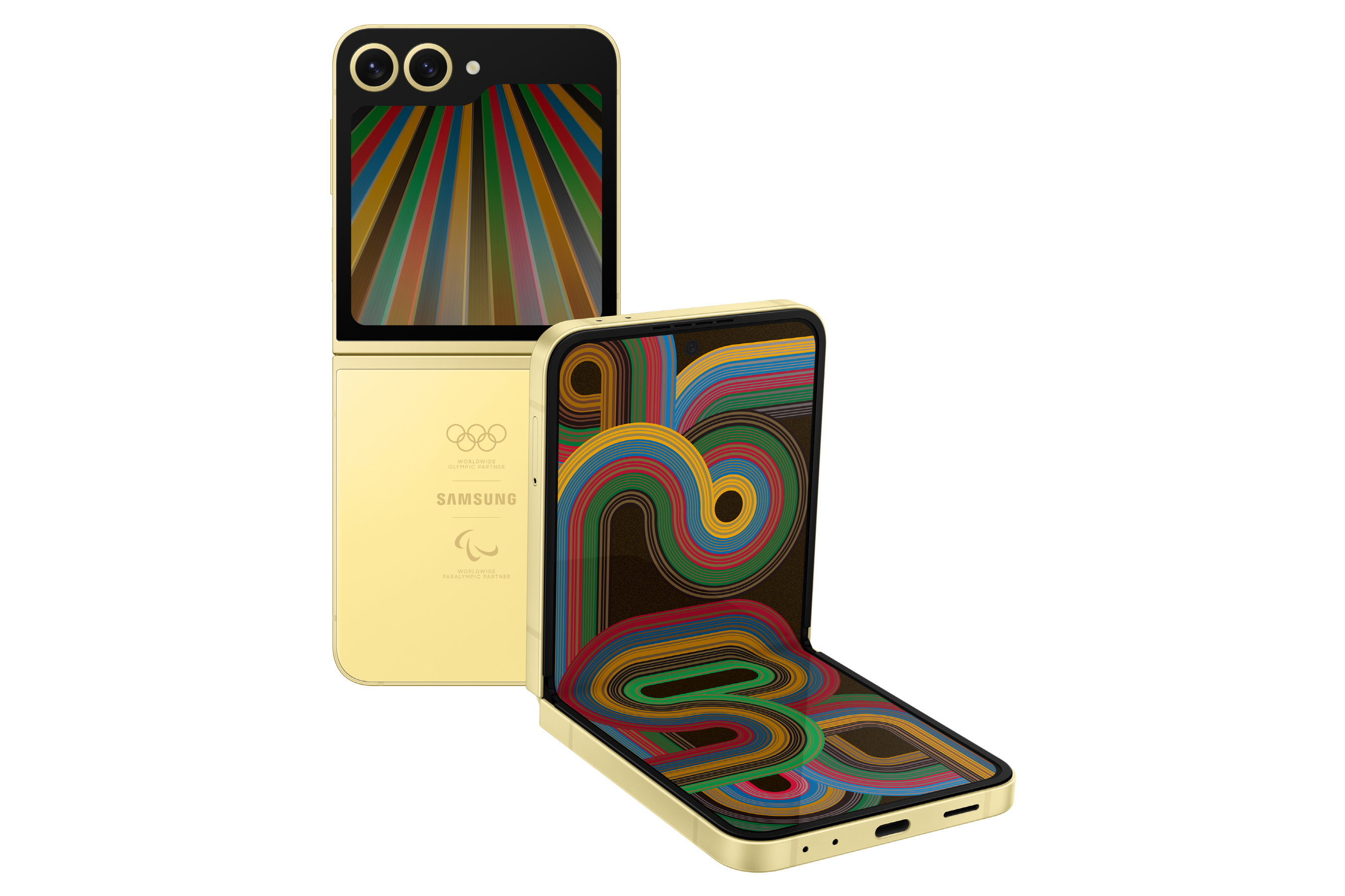 Samsung Galaxy Z Flip6 Edisi Olimpiade hadir dengan desain ringkas dan mencolok dalam warna kuning berhias cincin Olimpiade dan agitos Paralimpiade berwarna emas.