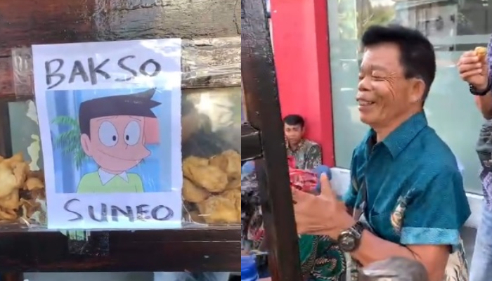 Viral pedagag bakso Malang keliling di Surabaya mirip tokoh kartun Suneo di serial Doraemon.