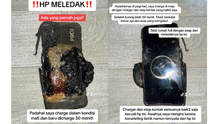 Kondisi smartphone Poco yang meledak saat dicas.