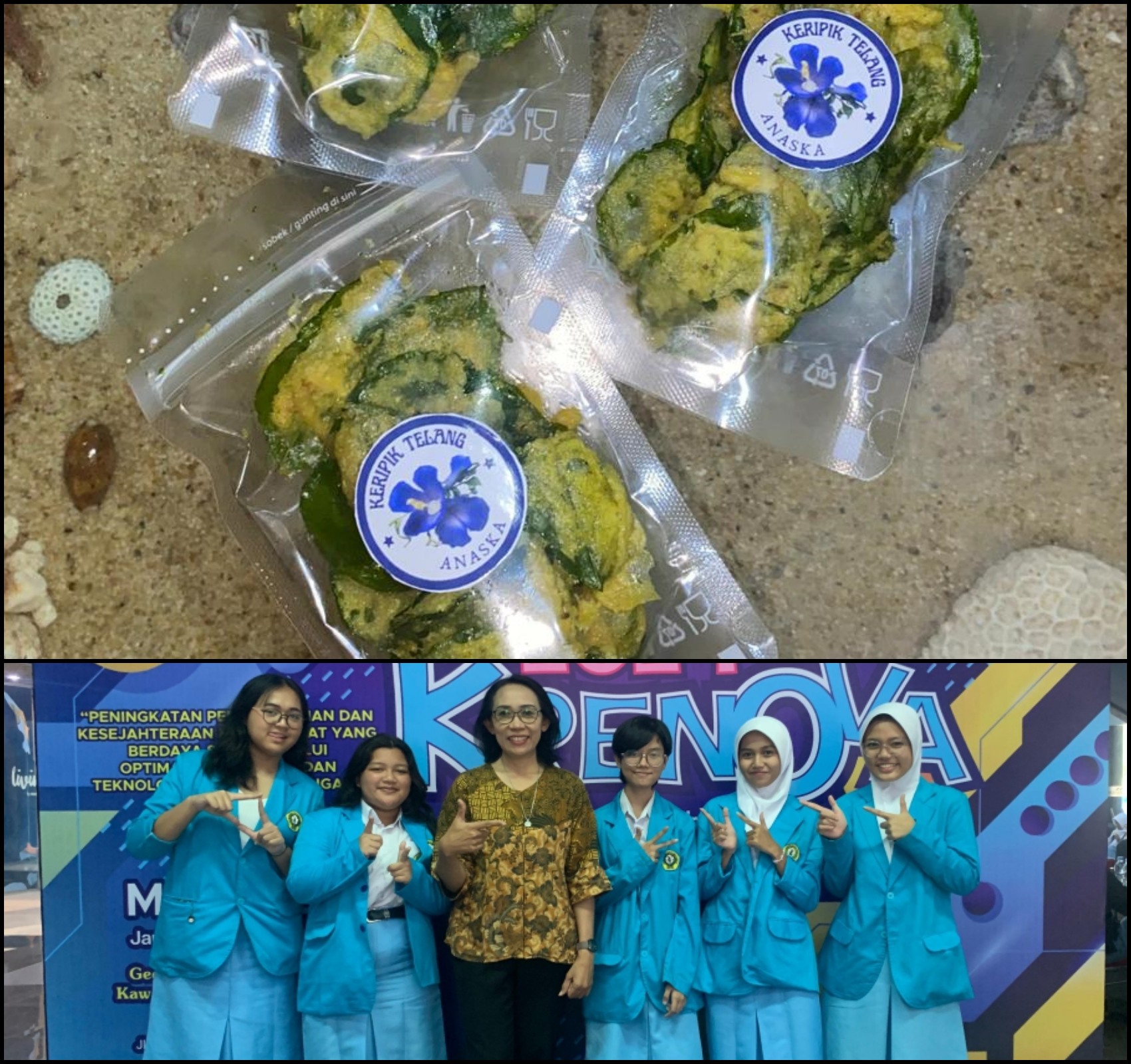 Keripik dari bahan dasar bunga dan daun telang yang mengandung antioksidan. Foto bawah, siswa dan guru yang memproduksi keripik telang.