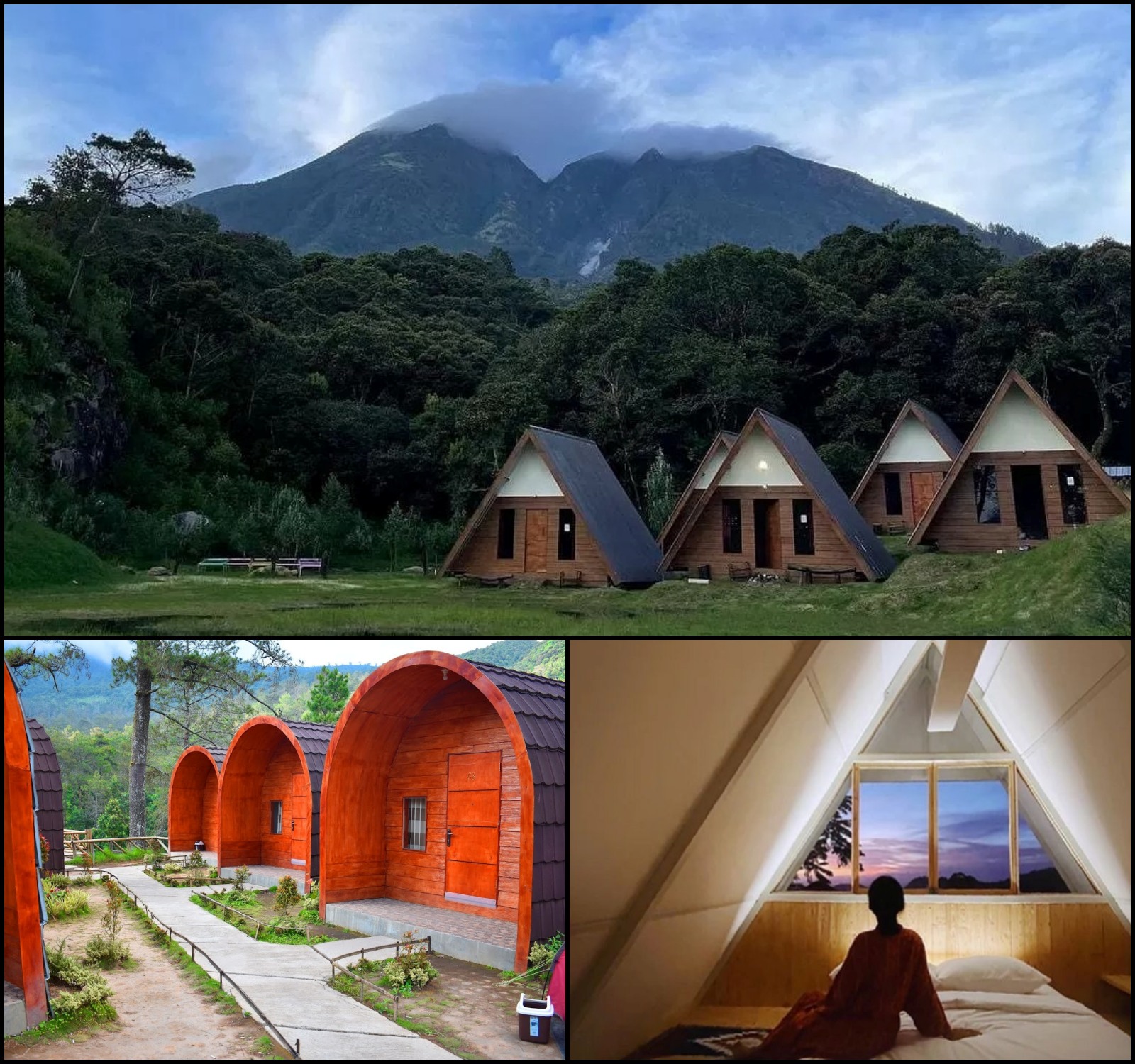 Kolase foto Glamping yang ada di Sakura Hills (atas), The Lawu Park (kiri bawah) dan Atsiri Glamping (kanan bawah)