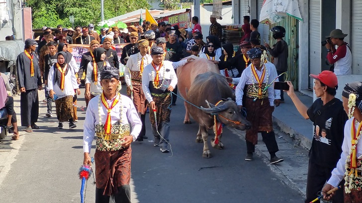 Merti Pasar Pengging Boyolali dilakukan dengan kirab kerbau Kyai Slamet dan gunungan hasil bumi, Senin (5/8/2024).