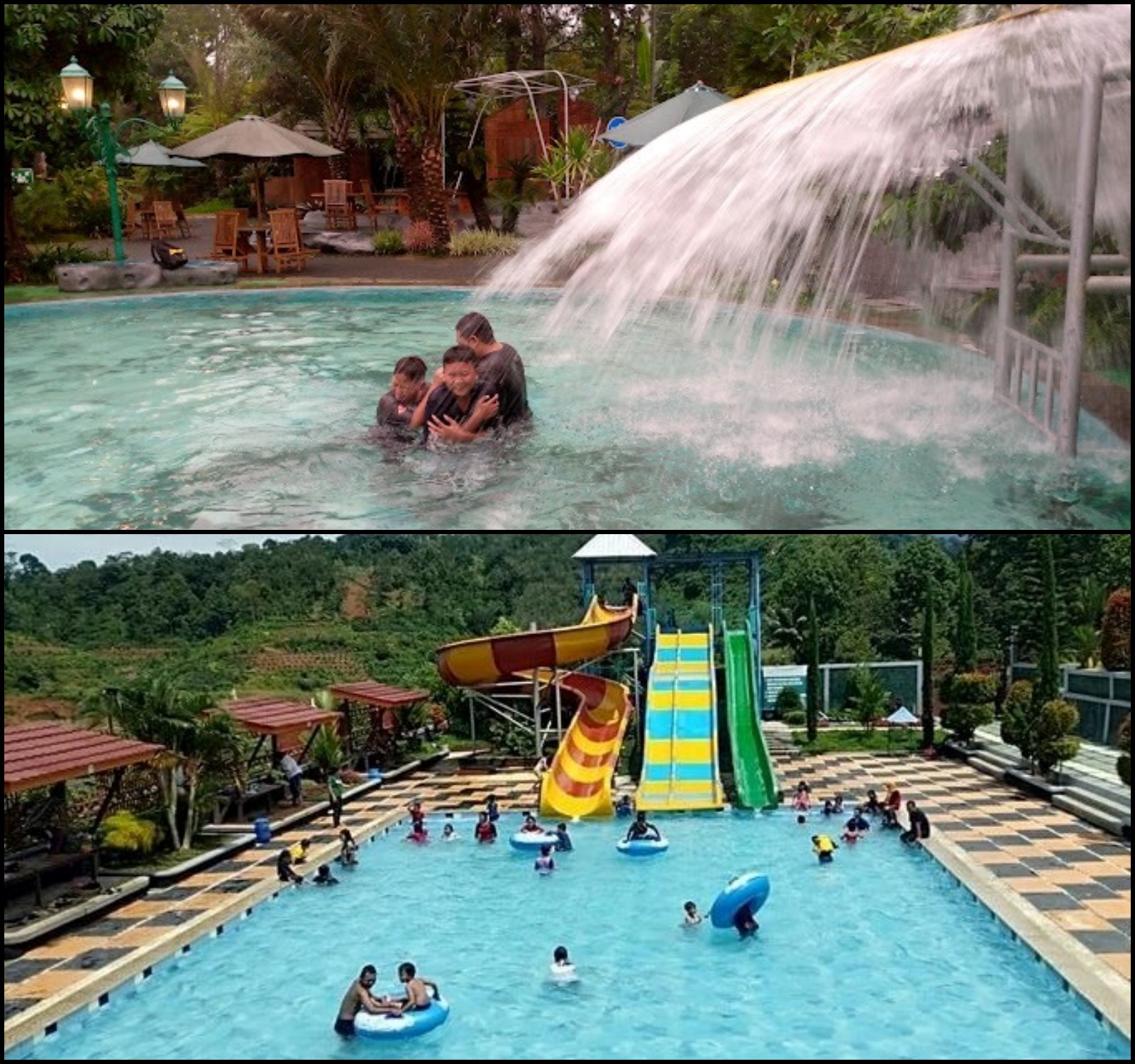 KOLASE FOTO: (Foto atas) Suasana kolam renang di Mbah Ronggo Resto & Waterboom. (foto bawah) Suasana di kolam air di Sumber Mulyo Waterpark.