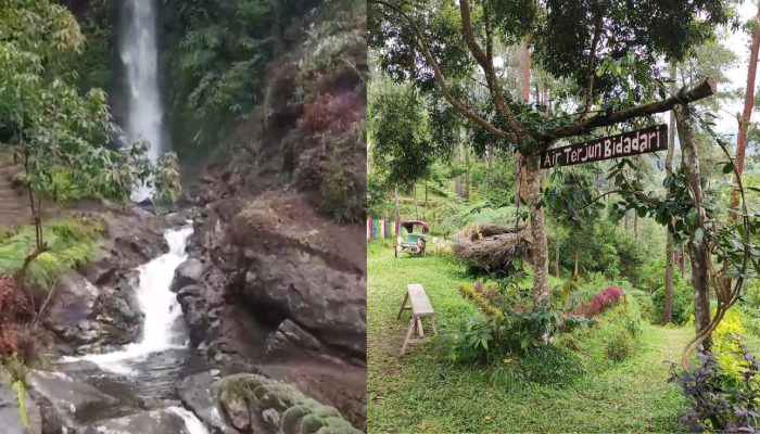 Air yang mengalir dari Air Terjun Bidadari (kiri). Jalan masuk menuju Air Terjun Bidadari di Tenggir Park.
