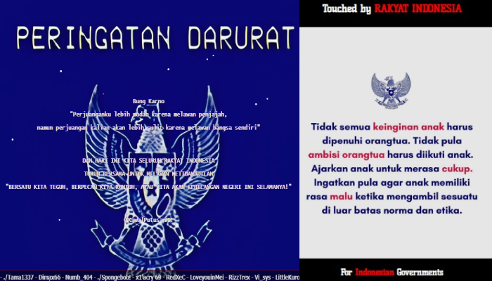 Kolase potongan halaman muka situs pemerintah yang kena retas.
