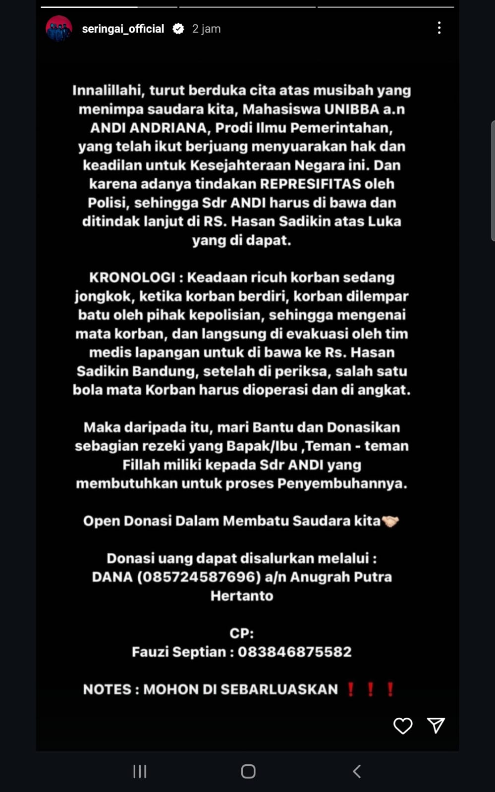 Seringai Official sebarluaskan kabar memilukan seorang mahasiswa yang menjadi korban pelemparan batu yang diduga dilakukan oleh oknum polisi.